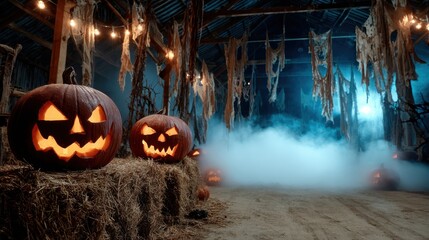 Ambiance d'Halloween dans une grange abandonnée avec des citrouilles illuminées et de la brume