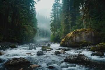 Mossy rocks and trees surround a pristine river flowing through a misty, evergreen forest