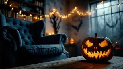 Ambiance mystique d'Halloween avec une citrouille lumineuse et un salon accueillant en arrière-plan