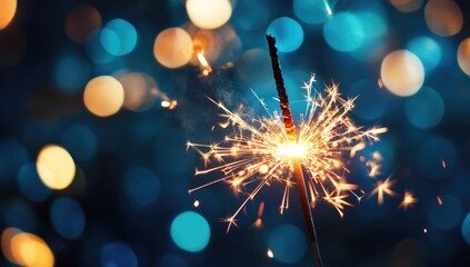 Close-up of a sparkler burning on a blue bokeh background, a New Year celebration concept.