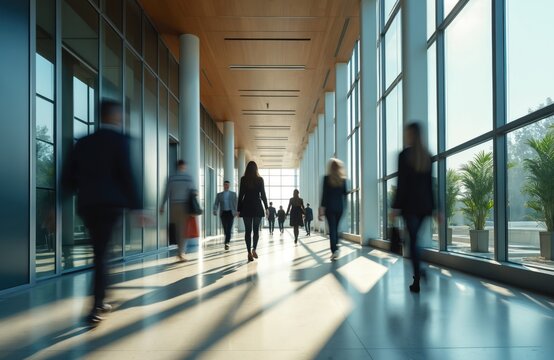 People walk through modern office building interior, spacious hallway with large glass windows, natural light creating long shadows. Business professionals in motion, representing corporate work