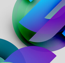 Abstract shapes overlap, creating vibrant color gradients. Blues, greens, purples dominate composition. Minimalist design, smooth transitions present.