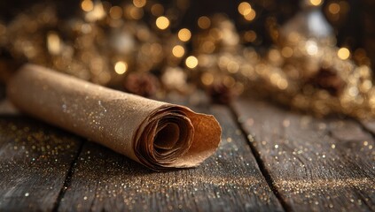 Glittery paper roll on rustic wood with bokeh lights