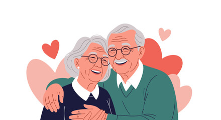 Happy elderly couple embracing and smiling with hearts surrounding them celebrating their love