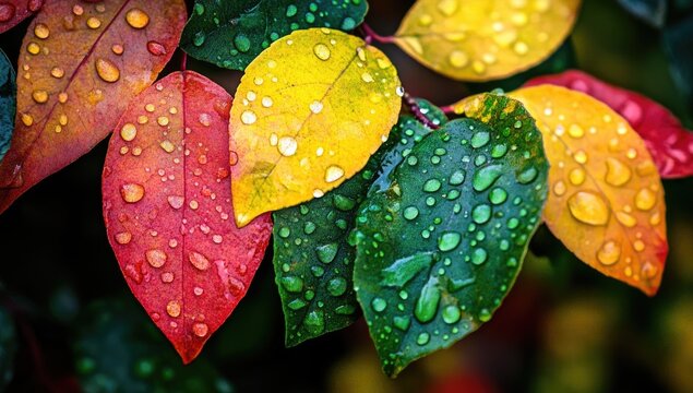 Close-up of vibrant green, yellow, and red leaves with water droplets on them.