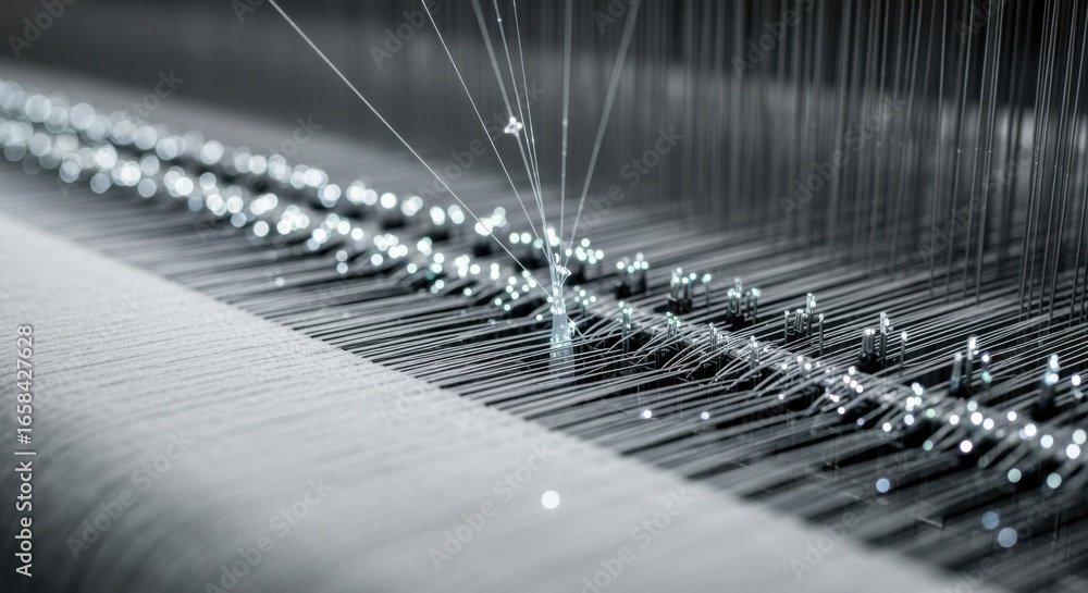 Poster macro shot of sensor threads interlaced with traditional fibers on a dynamic weaving loom for intera