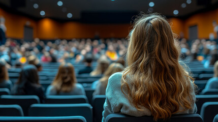 Captivating rear perspective of young woman with beautiful flowing blonde hair, attentively observing large, blurred audience in dimly lit university lecture hall or professional conference auditorium