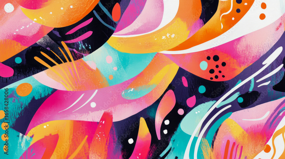 Poster vibrant abstract canvas exploding with energetic hues and fluid organic forms, featuring dynamic swi