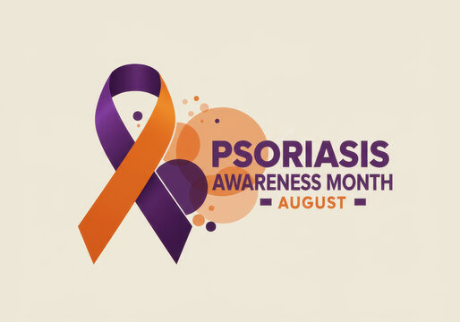 orange and purple ribbon symbolizing psoriasis awareness month in august. text highlighting awareness event. healthcare, medical awareness, poster, social media.