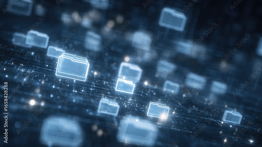 Poster abstract network grid with files and folders, futuristic software interface, digital document manage