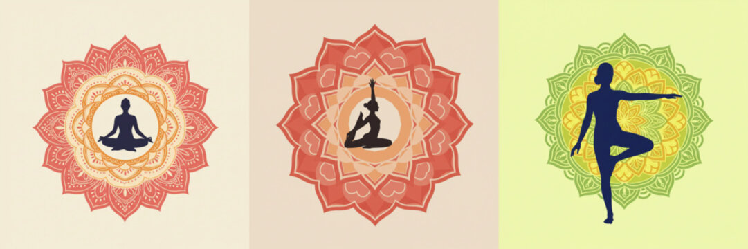 Set of three vector illustrations of yoga poses on different mandalas background for health campaigns, fitness studios and mindfulness programs