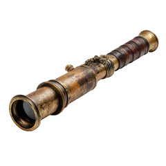 Fototapeta premium Antique brass and wood handheld extendable telescope with leather grip isolated on transparent background
