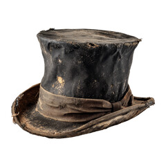 Vintage weathered black top hat with brown band showing signs of wear and age on transparent background