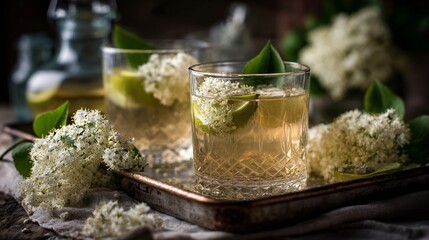 Elderflower and apple drink in delicate glassware, styled on an aged baking tray
