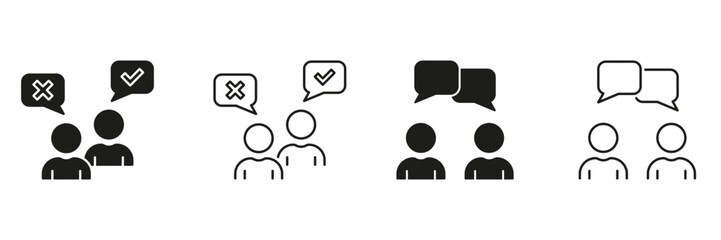 Two-Person Communication Line And Solid Icon Set. Dialogue, Agreement, And Disagreement Symbol Collection. Speech Bubbles With Check And Cross Marks. Isolated Vector Illustration