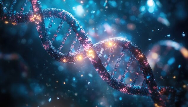 Digital art of DNA structure with a futuristic background, showcasing the concept of future gene-based food and research in DNA medicine,