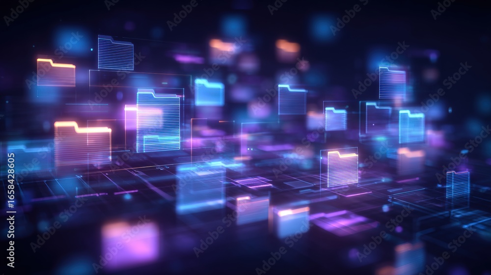 Aufkleber abstract network grid with files and folders, futuristic software interface, digital document manage