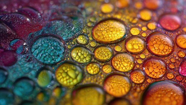 Vibrant oil and water droplets form colorful abstract patterns