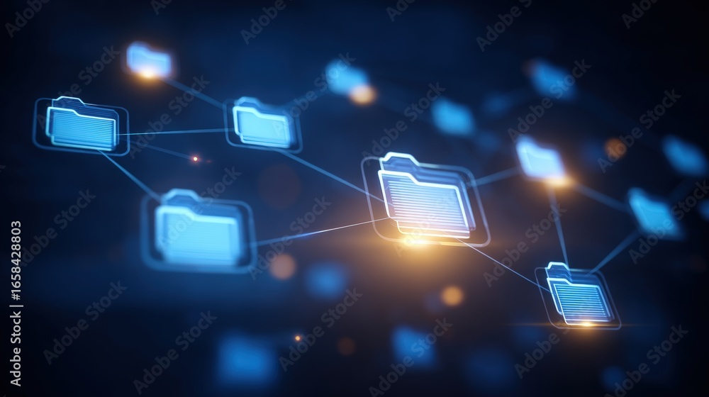Poster abstract network grid with files and folders, futuristic software interface, digital document manage