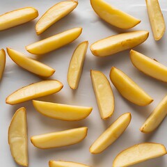 Golden baked potato wedges scattered on a light surface, ready to be enjoyed as a delicious snack or side dish