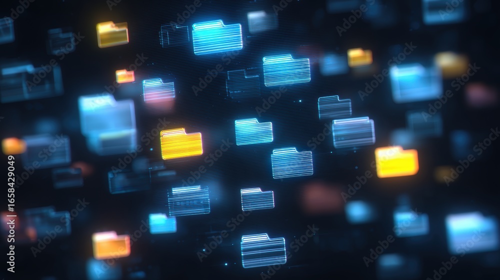 Poster abstract network grid with files and folders, futuristic software interface, digital document manage