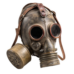Vintage worn gas mask with round lenses and leather straps isolated on transparent background