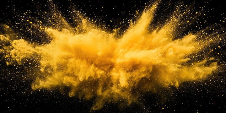 Explosion of yellow powder on a black background, captured with a wide-angle lens.