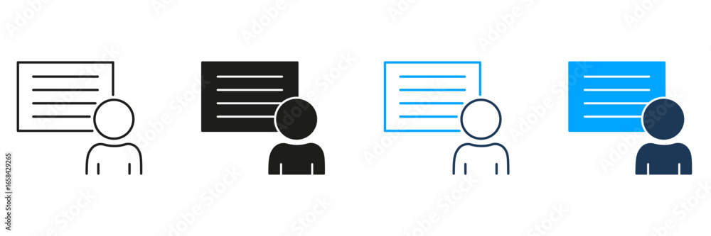 Poster person with presentation board line and solid icon set. educational training, seminar, and lecture s