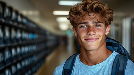 Close-up portrait of smiling, confident young male student with curly hair and backpack in blurred school hallway