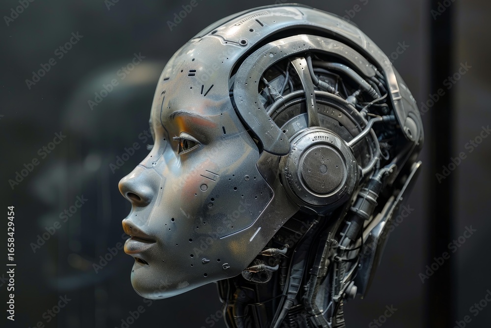 Poster profile view of a futuristic android head showcasing advanced technology and artificial intelligence