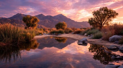Sunset over the serene lake with mountain reflections, surrounded by autumn trees and a calm atmosphere