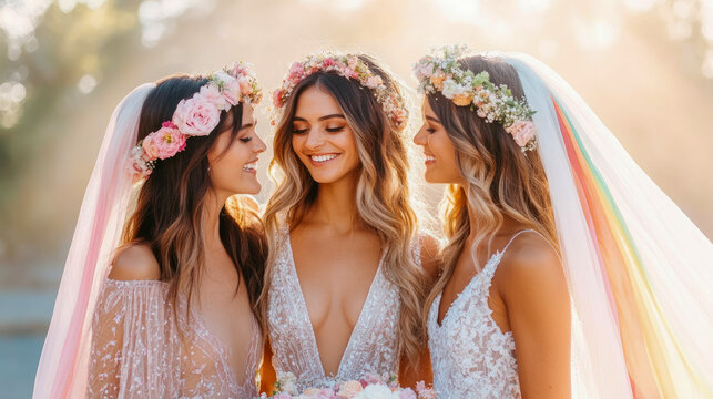 Three radiant women in bohemian wedding attire, adorned with floral crowns and flowing veils, sharing joyful moments in warm golden sunlight - Powered by Adobe