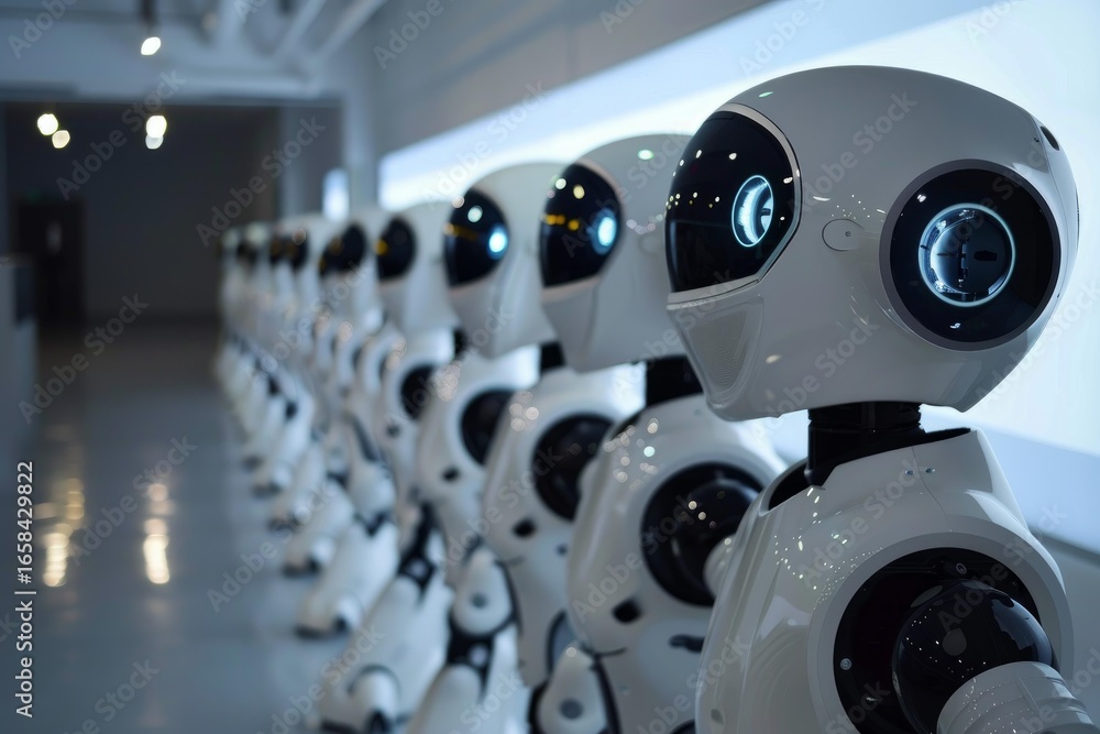Poster humanoid robots standing in line in a modern factory, showcasing advanced robotics and artificial in