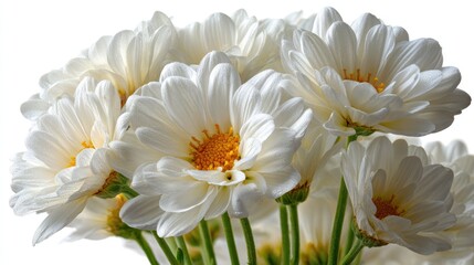 Bunch of white daisy-like flowers with yellow centers, against white background