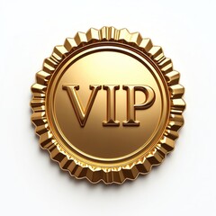 Golden VIP badge emblem with glossy finish on white background. Features ornate scalloped edge, raised lettering. Luxury, status, achievement, perfect for awards, recognition, membership branding.