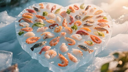 Assorted seafood displayed on a heart-shaped ice platter, including shrimp, scallops, and other shellfish.