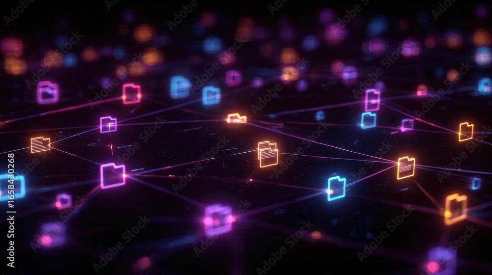 Poster abstract network grid with files and folders, futuristic software interface, digital document manage