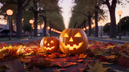 Jack o lantern Halloween pumpkin in the garden and park with spooky carved faces at night