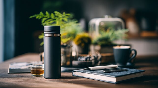Minimalist tabletop with tea thermos, foliage, and journaling items