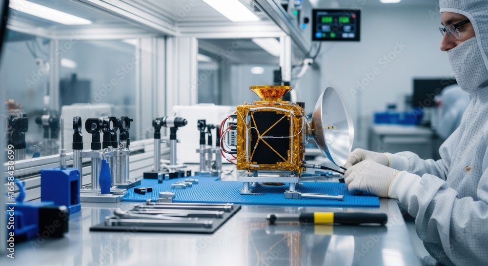 Poster side view of a clean bench workstation with quantum keydistribution satellite hardware undergoing fi
