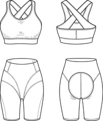 Women’s activewear flat sketch, sports bra and cycling shorts technical drawing, fitness apparel template, workout clothing fashion design illustration