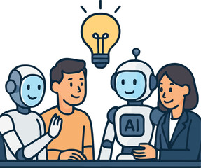 Team of humans and robots brainstorming together Illustration