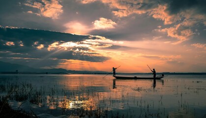 Fishermen Silhouettes at Sunset Lake - Perfect Photography Subject for Camera Enthusiasts and Beginners