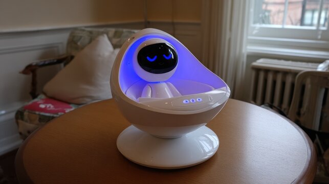 Small white robot, blue light, on table - Powered by Adobe