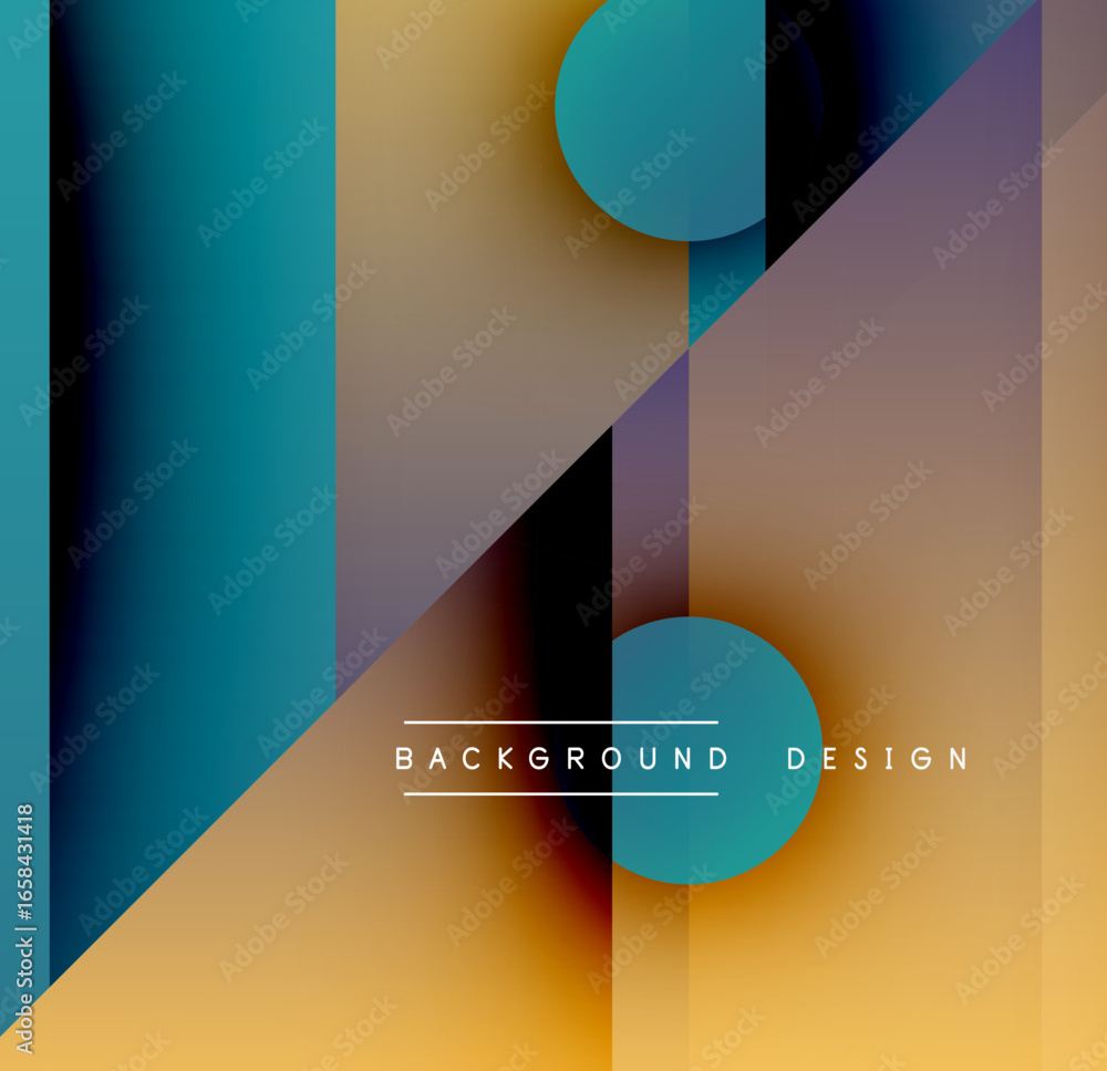 Poster abstract geometric design. rectangles, circles overlap creating gradient color scheme. modern backgr