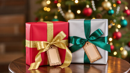 Christmas gift boxes with golden and green ribbons and blank tags on wooden table, festive tree lights in background