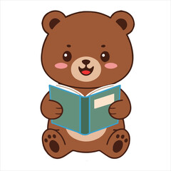 Adorable cartoon bear reading a book with a happy expression