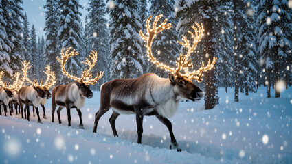 Obraz premium Christmas reindeer walking through snowy forest with glowing lights on antlers in magical winter atmosphere