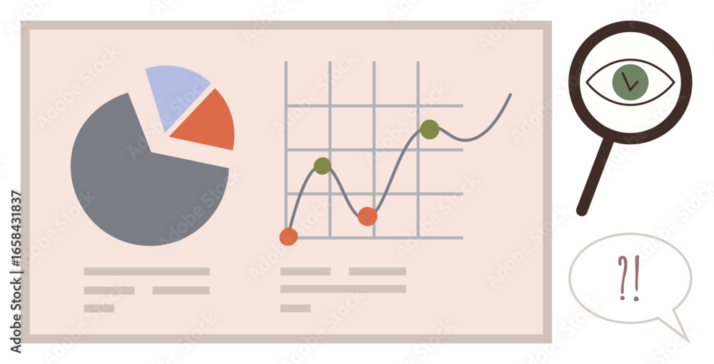 Aufkleber pie chart, line graph with data points, magnifying glass highlighting details, and speech bubble. id