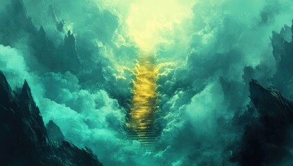 In the center of an abyss, there is a golden staircase leading to heaven in white clouds. The stairs glow with light
